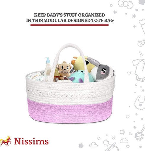 Baby Diaper Caddy Organizer Basket for Changing Table - Large Compact and Portable Woven Cotton Rope and Canvas Nursery Basket with 3 Divisions - Unisex Stylish GrayWhite - 14x8.5x7 Inches