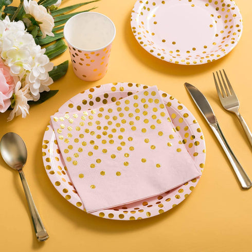 Pink and Gold Party Supplies Disposable Dinnerware Set Serves 25 Gold Dots on Pink Paper Plates Cups and Napkins, Gold Plastic Knives Spoons Forks for Baby Shower Wedding Party Bridal Shower