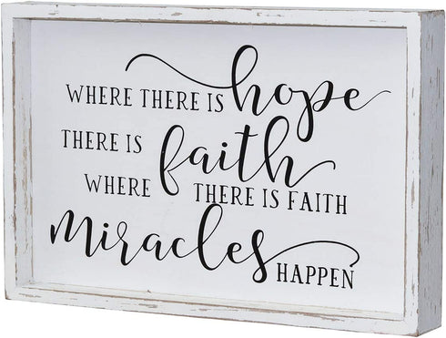 Parisloft Where There is Hope There is Faith Where There is Faith Miracles Happen Wood Wall Framed Sign, White Washed Wood Inspirational Wall Decor