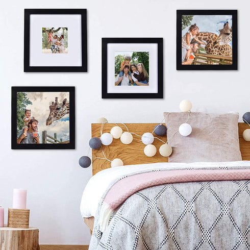 BLEUM CADE 8x8 Picture Frames 4 Pack, Display Pictures 4x4 or 5x5 with Mat Black Solid Wood Photo Frame with 2 Mats for Table Top Display or Wall Mounting, Hanging Hardware Included, Black