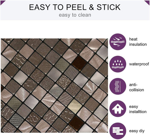 5 Sheets Self-Adhesive Aluminum Mosaic Peel and Stick Metal Tiles 3D Wall Sticker Panel Backsplash for Kitchen & Bathroom (12"x12" Bronze)