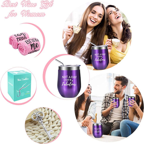 Not a Day Over Fabulous Wine Tumbler, Funny Birthday Wine Gifts with Saying for Women, Birthday Gifts Ideas for Her, 12 OZ Stainless Steel Wine Tumbler with Lid Straw Cupcake Wine Socks Bottle Opener