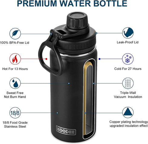 Koodee Kids Water Bottle 16 oz Stainless Steel Triple Wall Vacuum Insulated Wide Mouth Bottle Kids with Leakproof Spout Lid (Black)