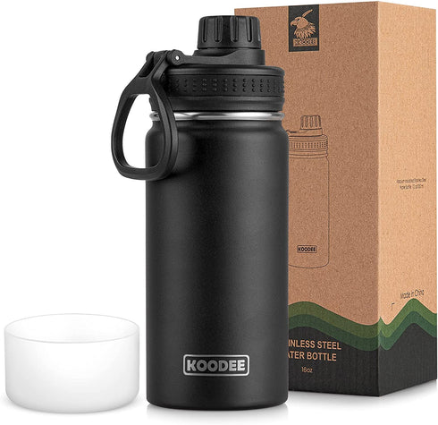Koodee Kids Water Bottle 16 oz Stainless Steel Triple Wall Vacuum Insulated Wide Mouth Bottle Kids with Leakproof Spout Lid (Black)