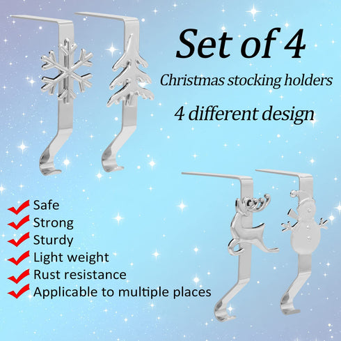 Christmas Stocking Holders for Mantle Set of 4 in 4 Styles, Weighted Stocking Hangers for Mantel Fireplace, Stocking Hooks for Xmas Decoration