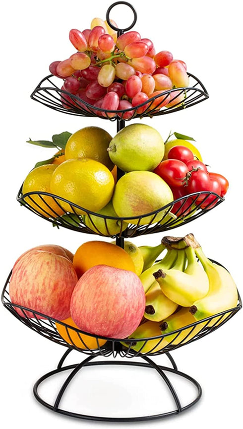 Metal Fruit Bowl, Garini 3 Tier Fruit Basket, Large Fruit Bowl for Kitchen Counter, Kitchen & Dining Table, Lotus Shape, Black