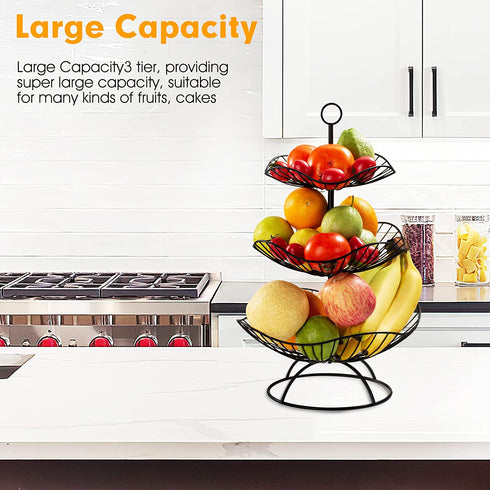 Metal Fruit Bowl, Garini 3 Tier Fruit Basket, Large Fruit Bowl for Kitchen Counter, Kitchen & Dining Table, Lotus Shape, Black