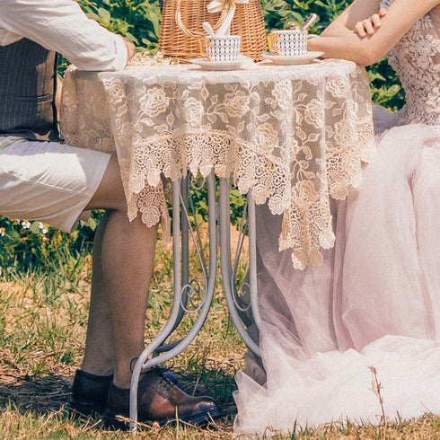 ARTABLE Rectangle Small Table Cloth Lace Macrame Vintage Tablecloth Shabby Chic Embroidered Oblong Table Cover for Wedding Banquet Holiday Long Dinner Tables (Golden, 33" x 33")