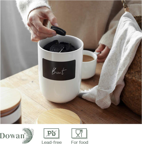 DOWAN Coffee Canister for Ground Coffee, 60 OZ (1800 ML) Kitchen Canisters with Airtight Lid & Chalkboard, Farmhouse White Ceramic Canisters, Food Storage Containers for Coffee, Sugar, Tea, Salt