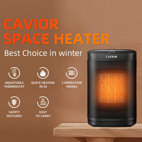 CAVIOR Space Heater, Portable Space Heater, 750W/1500W Small Space Heater Fan for Bedroom, Office and Indoor Use Tip-Over and Overheat Protection PTC Ceramic Heater with Thermostat Black