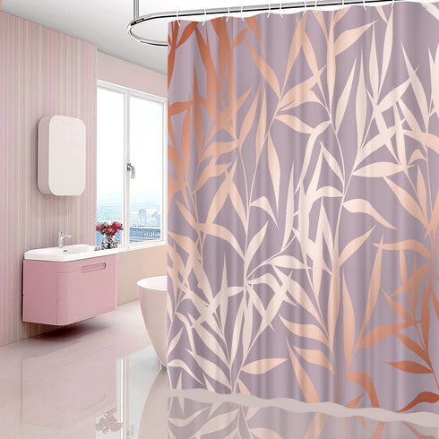 Pink Shower Curtain Rose Gold Tropical Leaves on Purple Background Modern Luxury Bathroom Shower Curtains Fabric Waterproof with Hooks, 72" x 72"