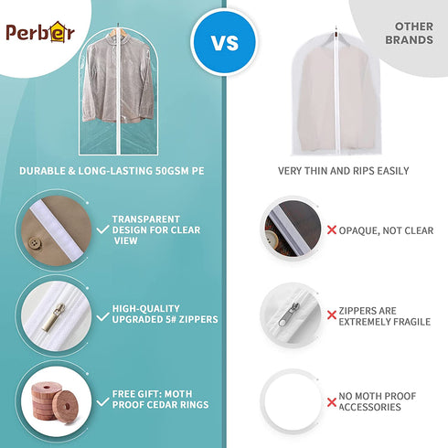 Perber Garment Bags for Hanging Clothes, 6 PCs Clear Garment Bag, Plastic Dustproof Suit Bag, Coat Protector Zippered Garment Covers for Closet Storage and Travel - 24'' x 48''/6 Pack