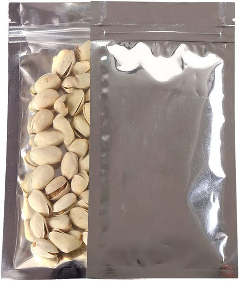 QQ Studio Clear Window Metallic Heat Sealable Flat Zip Bag (Pack of 100) (Clear/Silver, Flat 1oz)