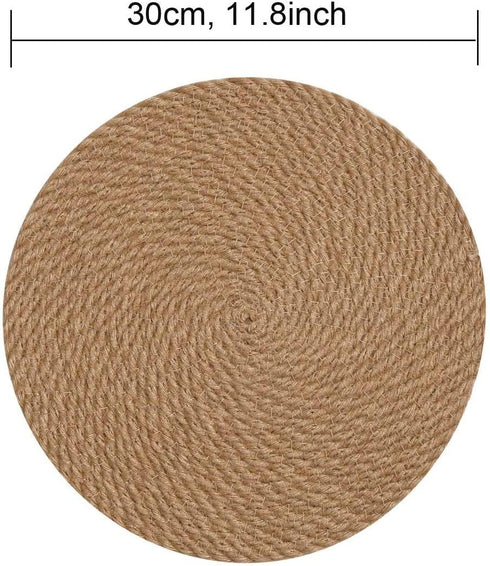 SHACOS Jute Placemats Set of 4 Heat Resistant 12 inch Round Place Mats Natural Jute Woven Braided Table Mats Thick Farmhouse Placemats Trivet (Jute Brown, 12 Inch)