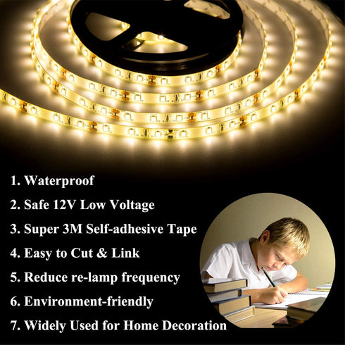 JUNWEN Waterproof LED Strip Light Kit,Dimmable Warm White Rope Lights,16.4 FT/5M Tape Lights 300 Units SMD 2835 12V LED Ribbon with Power Supply for Home Kitchen Bar Clubs