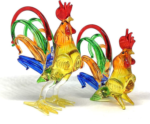 ZOOCRAFT Chicken Figurines Collectibles Hand Blown Glass Rooster Set of 2