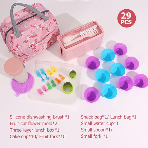 Bento Box Japanese Lunch Box Set (29 PCS) for Kids & Adults, 3 Layer Stackable Leakproof BPA Free Bento Boxes Kit with Snack Bag, Lunch Bag, Cake Cups, Fruit Forks, Utensils, Meal Prep Containers