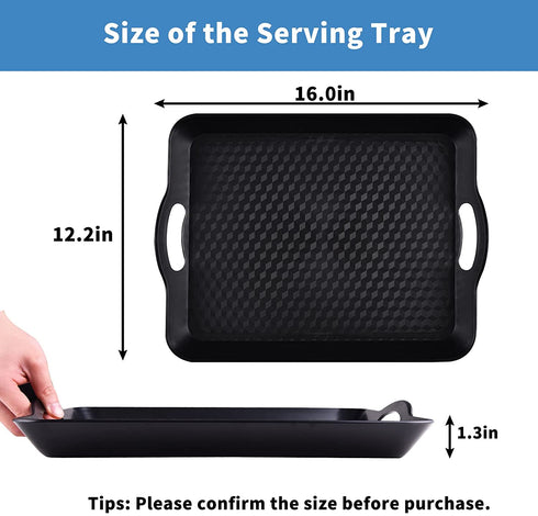 Plastic Tray with Handles, 2 Pack Multi-Purpose Rectangular Non Slip Restaurant Serving Trays Set for Parties, Coffee Table, Kitchen (Black-A)