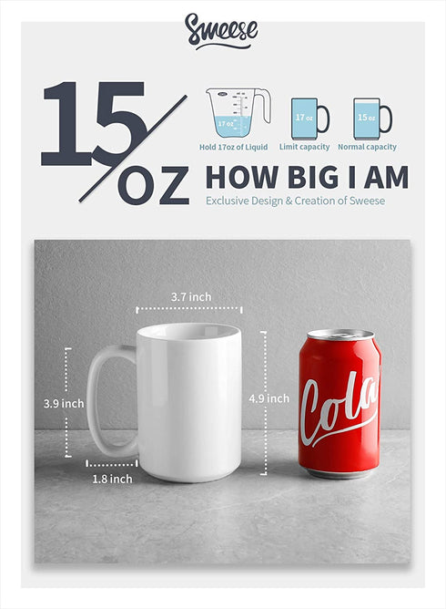 Sweese 608.001 Porcelain Mugs Set, 15 Ounce Large Handle Mugs, Set of 6, White