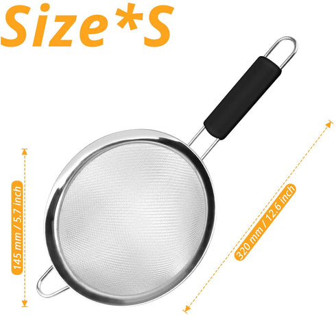 KUFUNG Stainless Steel Mesh Strainer - Strainers Fine Mesh & Wire Sieve with Non-Slip Handles - Kitchen Strainer For Sifting, Straining, & Draining (S, Black)