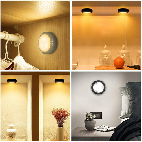 HOLKPOILOT Puck Lights with Remote Control, LED Under Cabinet Lights,Under Counter Light Battery Operated, Closet Light Dimmable,Wireless Under Cabinet Lighting, Stick On Lights(4PACK)