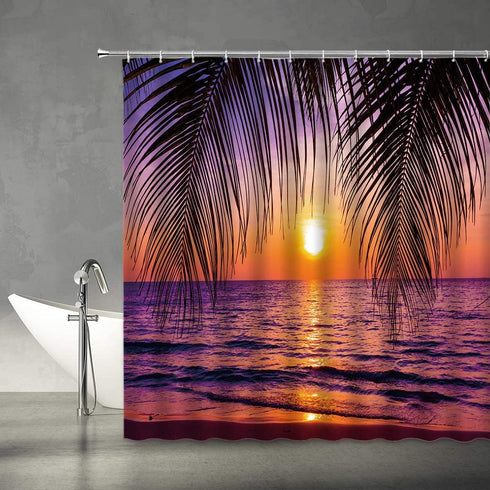 YSATNSFT Ocean Sunset Shower Curtain Tropical Beach Ocean Palm Tree Leaf Sunrise Sunset Theme Orange Sky Sea Water Wave Nature Scenery Fabric Bathroom Decor Set with Hooks(70" WX70 H)