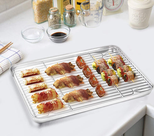 Baking Sheet with Rack Set, E-far Pure Stainless Steel Cookie Sheet Baking Tray Pan with Wire Rack, 12.5 x 10 x 1 inch, Non Toxic & Healthy, Anti Rust & Mirror Finish - Dishwasher Safe