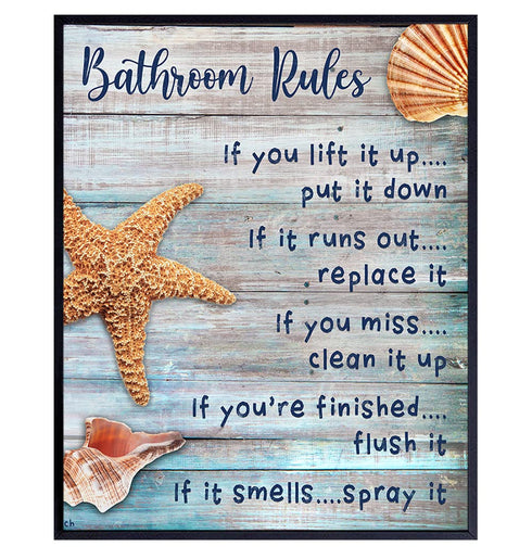 Beach Bathroom Decor - Coastal Nautical Rustic Bathroom Decor -Starfish, Seashells Restroom, Bath Art - Ocean, Sea House Wall Art, Home Decoration - Unique Shabby Chic Gift - Blue Sign 8x10 Photo