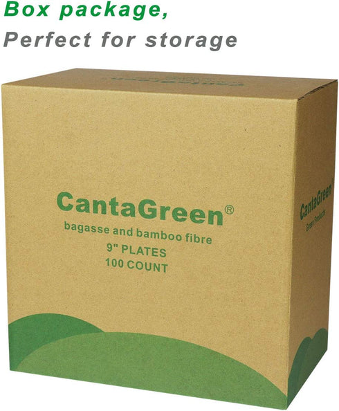 9 inch Compostable Plates, 100 Count Heavyduty Sugarcane/Bagasse and Bamboo Fibre Biodegradable Disposable Paper Plate