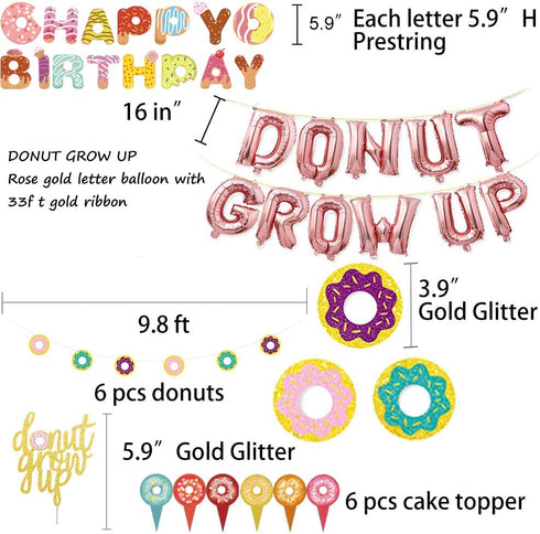 CNsoyee Donut Grow Up Party Decoration Kit, Donut Party Supply with Tattoo Sticker Banner Latex Foil Confetti Balloon Swirl Cake Topper Happy Birthday Garland