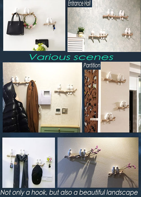HaakLux Bird Hat Hook,Wall Hanger Decor Hooks,Mounted Resin Cast Ceramic,Tree Branch with Unique Hanging White Dove for Coat Towel Key Clothes in Bathroom Kitchen Bedroom Living Room(2 Birds)