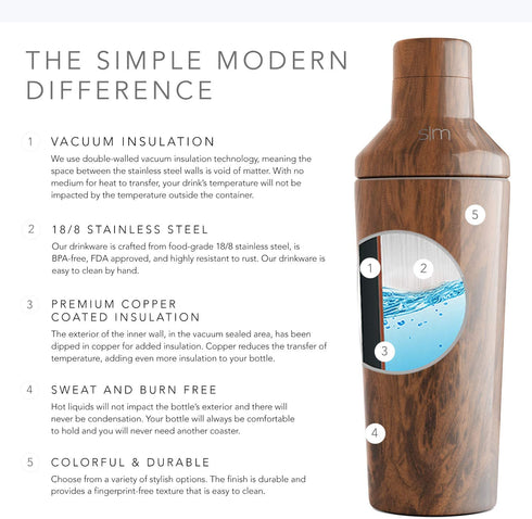 Simple Modern Cocktail Martini Shaker with Jigger Lid Gift Set | Vacuum Insulated Boston Mixer Stainless Steel | Compatible with Classic Tumbler Collection | Wood Grain
