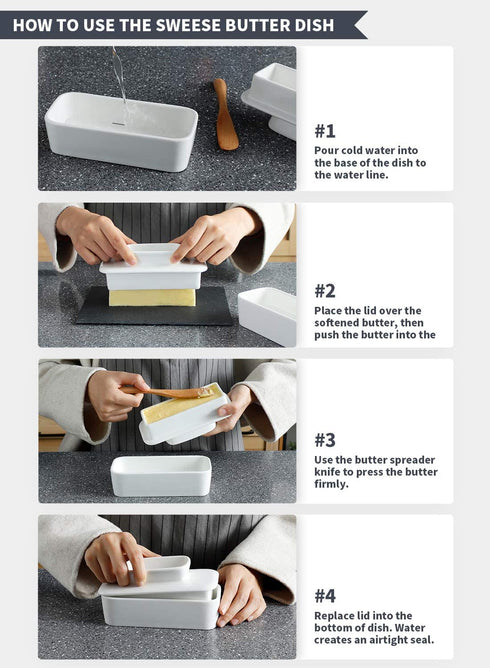 Sweese 309.101 Porcelain Butter Dish with Water - French Butter Keeper Crock - Perfect for East Coast Butter - Spreadable without Refrigeration, White