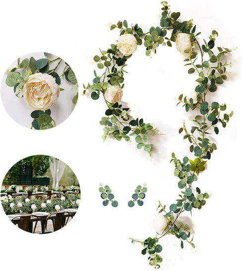 Hasken 6 Ft Artificial Eucalyptus Garland with Champagne Peony Flower Hanging Greenery Garland Fake Flower Garland for Home Wedding Backdrop Table Decor