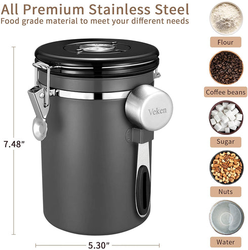 Veken Coffee Canister, Airtight Stainless Steel Kitchen Food Storage Container with Date Tracker and Scoop for Beans, Grounds, Tea, Flour, Cereal, Sugar, 22OZ, Gray