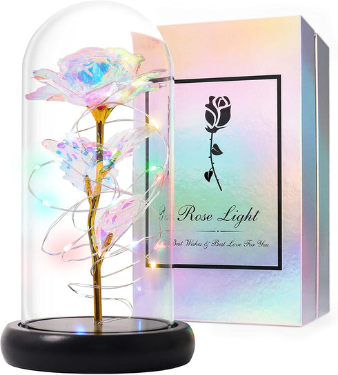 Rainbow Forever Rose Gifts for Women, Galaxy Glass Rose Flower Gift, Light Up Rose Light Birthday Christmas Unique Gifts, Artificial Flowers, Mothers Personalized Gifts Valentines Day Gifts for Her