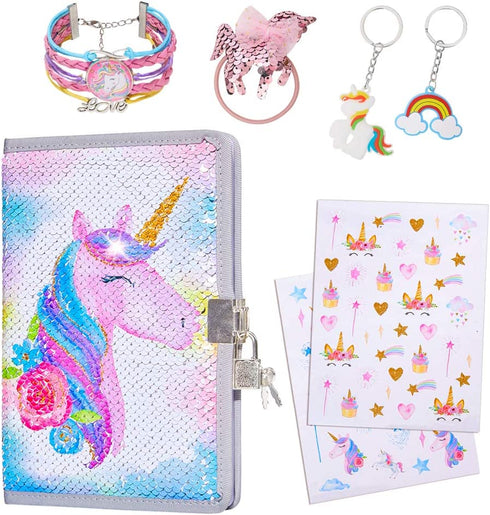 ICOSY Unicorn Diary with Lock for Girls, Sequin Kids Journal for Girls Lined Journal Notebook Unicorns Gifts Set with Stickers Bracelet