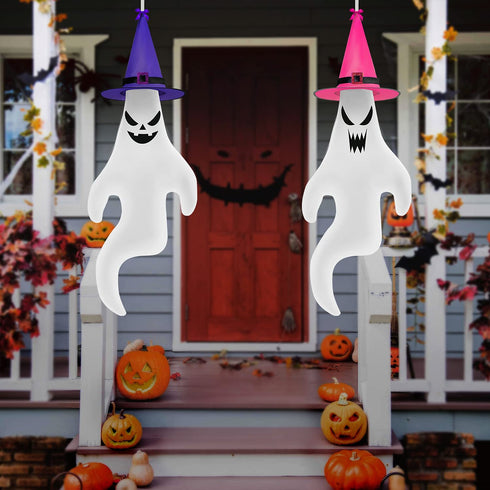 YEGKGO 2PCS 56" Halloween Ghost Windsocks with LED Lights and Hat, Halloween Hanging Windsocks, Outdoor Halloween Decorations for Yard, Patio, Lawn, Garden, Tree