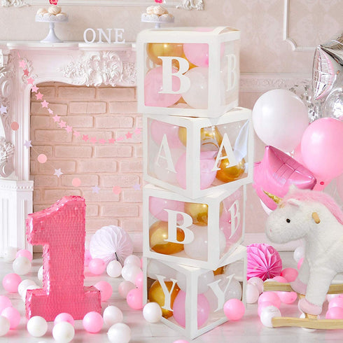 Baby Clear Boxes 4 pcs 12" by Serene Selection, 40 Balloons Included, for Boy or Girl BabyShower, Gender Reveal Party Supplies, Blocks with Letters for Baby Shower, Backdrop Block Party Decorations
