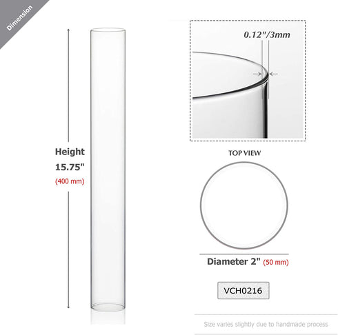 WGVI Hurricane Candle Holder Sleeve, Wide 2", Height 16", Clear Glass Cylinder Open Both Ends, Chimney Tube, Open Ended Candle Shade, 1 Piece
