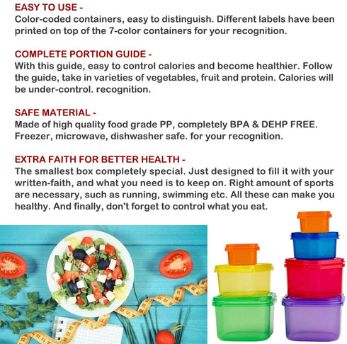 Koulang 21 Day Portion Control Container Kit - 14 Pieces BPA Free Food Portion Container Multi-Color Coded and Label-Engraved for Diet Plans, Lose Weight with eBook