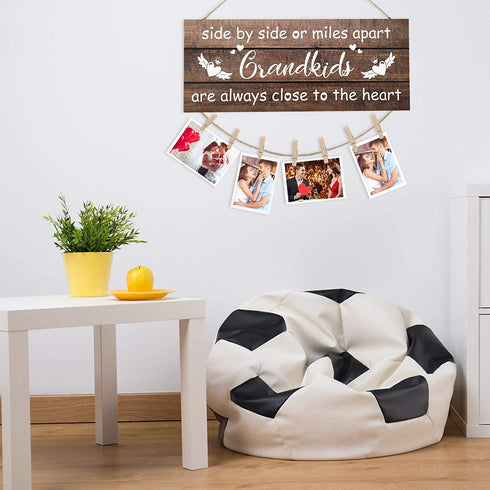 Jetec Grandkids Photo Holder Side by Side or Miles Apart Photo Frame Rustic Wooden Hanging Photo Display Board Grandmas Picture Frame with Clips and Twine for Living Room Bedroom Home Decor