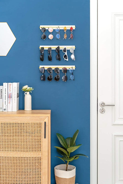 Mkono Wall Mounted Sunglasses Storage Organizer Wood Modern Simple Eyeglasses Display Holder Eyewear Glasses Hanging Rack for Entryway Living Room Bedroom, 3 Pack, White