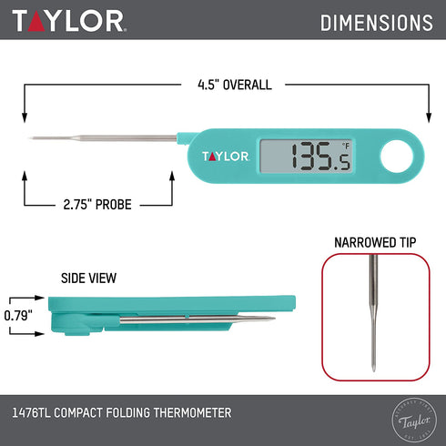Taylor Precision Products Folding Stem Display Food Instant Read Digital Thermometer, 0.7 Inch LCD Readout, Teal