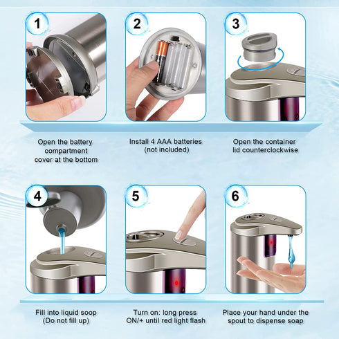 Soap Dispenser, Touchless Automatic Soap Dispenser, Waterproof Base Stainless Steel Infrared Sensor Type Adjustable Soap Dispenser for Family Restaurants