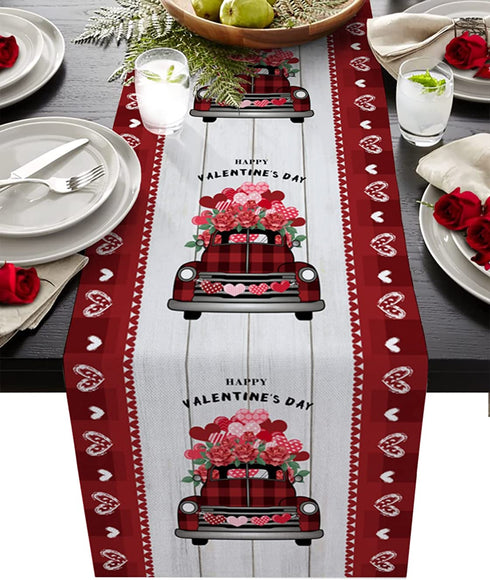 Rose Truck Valentines Day 108 Inches Long Table Runner for Dining Room, Rustic Wood Heart Cotton Linen Tablecloth Runners, Farmhouse Table Setting Decor for Wedding Party Holiday, Machine Washable.