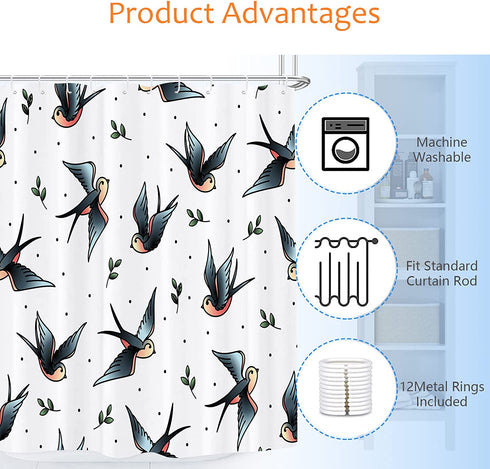 GETTOGET Swallows Heart Valentine's Day Shower Curtain Bathroom Sets with 12 Hooks, Eco-Friendly, No Odor Rust Proof Grommets