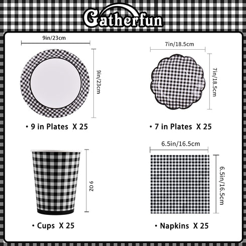 Gatherfun Gingham Black and White Party Supplies Disposable Paper Plates Napkins Cups Knives Spoons Forks Tablecloth Banner for Birthday Party Family Dinner Picnic Graduation Party, Serve 25