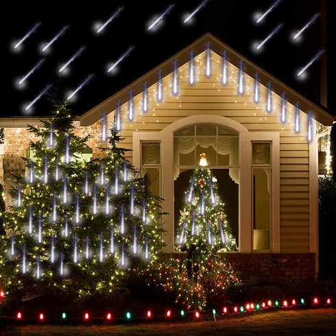 Christmas Lights Outdoor, Meteor Shower Lights Falling Rain Lights 12 inch 8 Tube 192 LED Cascading Icicle Christmas Lights for Xmas New Year Decoration Wedding Party, UL Plug, White