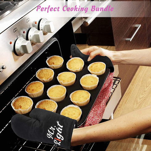 Kitchen Apron with Pockets, Hapcooky 100% Cotton Cooking Aprons Set with Potholder and 2pcs Oven Mitts for Women Men Chef
